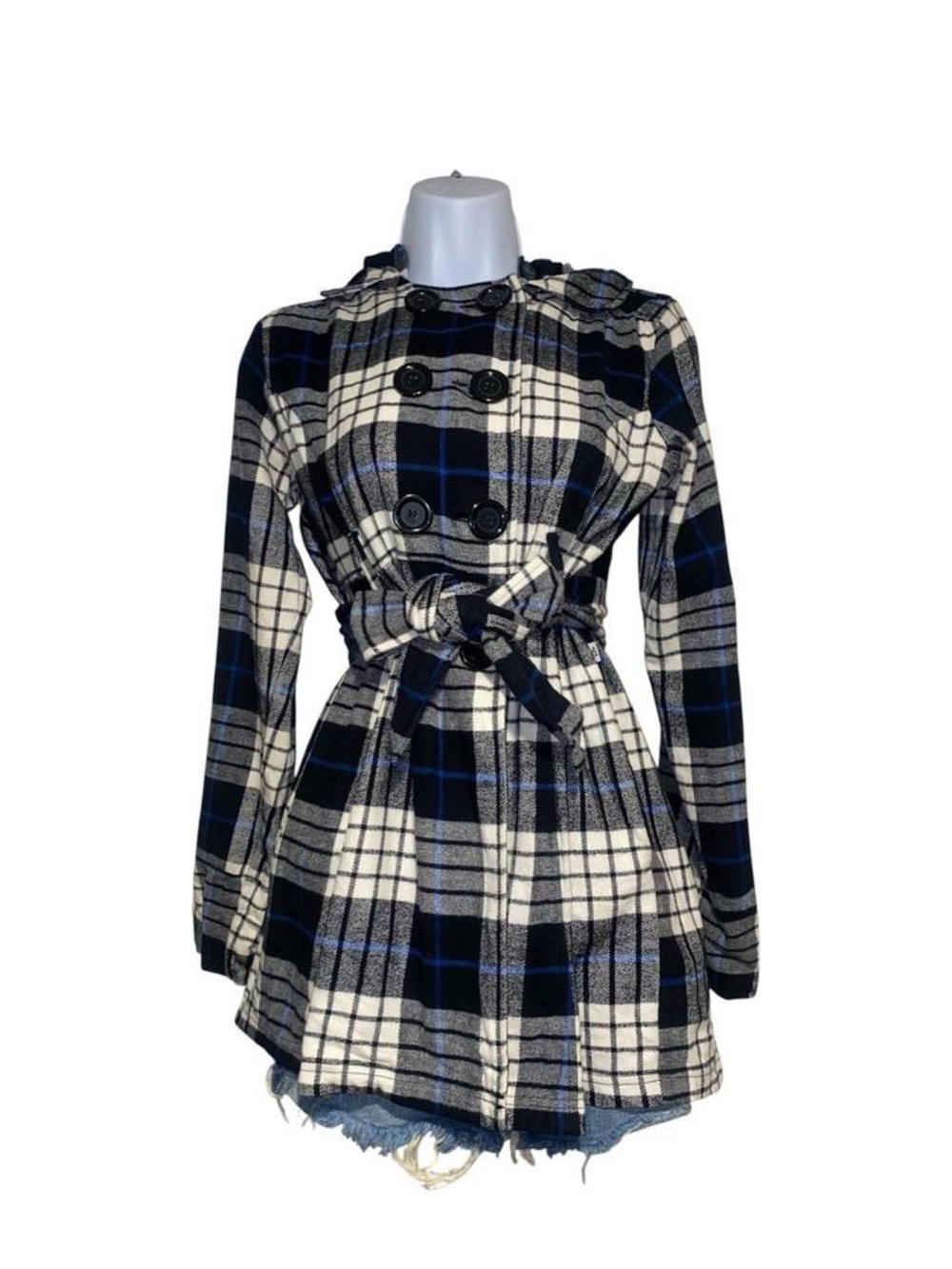 Self Esteem y2k black white, and blue plaid pea coat with hood and tie waist